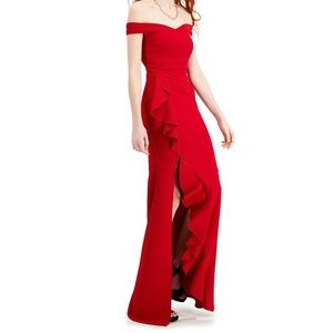 Red off the shoulder ruffled slit gown